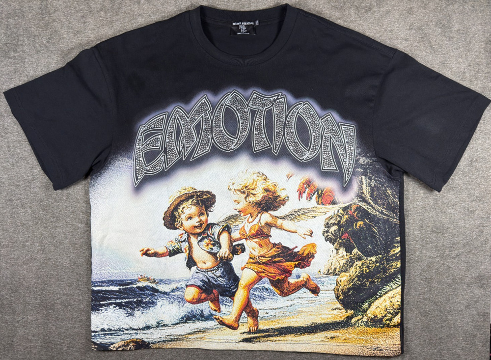 Mixed Emotion Angel Graphic Rhinestone Tee Black Streetwear Oversized Shirt 2XL